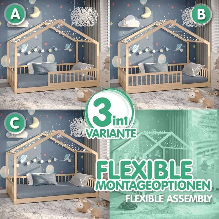 CADANI Kinderbett Malte Hausbett Bodenbett - Rausfallschutz abnehmbar - bis 200 kg (120x200 cm, Montessori Kinder- & Jugendbett aus Kiefer Massivholz), inkl. stabilem Roll-Lattenrost, langfristig nutzbar, Natur – Bild 3