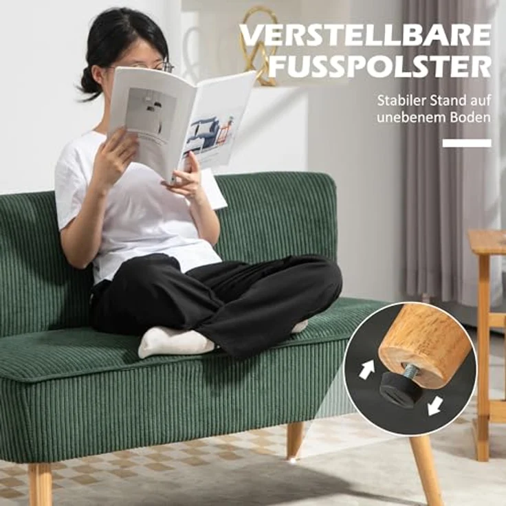 HOMCOM 2-Sitzer Sofa, Couch mit Kordoptik, Holzbeine, Doppelsofa 1 Teile, für Wohnzimmer, Schlafzimmer, 117 x 56,5 x 77 cm, Grün – Bild 7