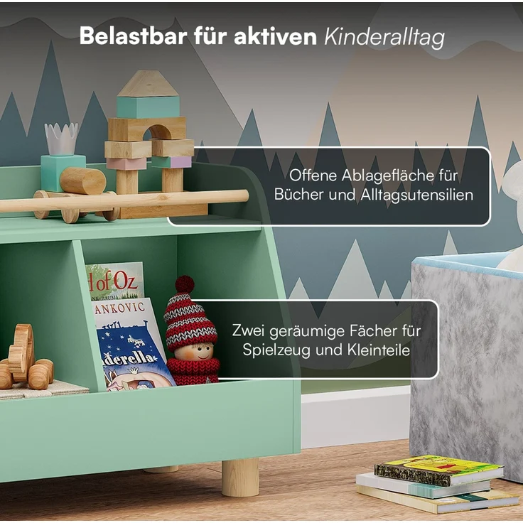 Bellabino 'Belly' Kinderregal, grün, Spielzeugregal mit 2 Fächern, Holz, 72x52x38 cm (BxHxT) – Bild 5