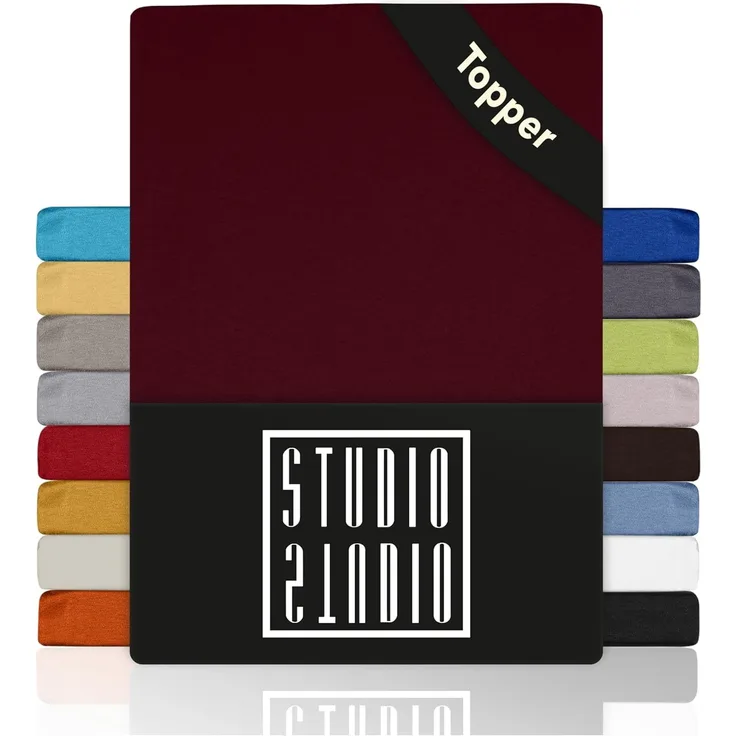 STUDIO Basic Topper Spannbettlaken 200x200 cm, 100% gekämmte Baumwolle, Oeko-TEX 100, Markenqualität, Bettlaken 200x200 Topperbezug Jersey - Bordeaux