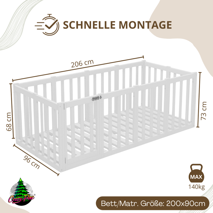 Crazy Pine 'Crazy John' Kinderbett mit hohem Rausfallschutz 73 cm, Holz, Weiß, 90x200 cm – Bild 2