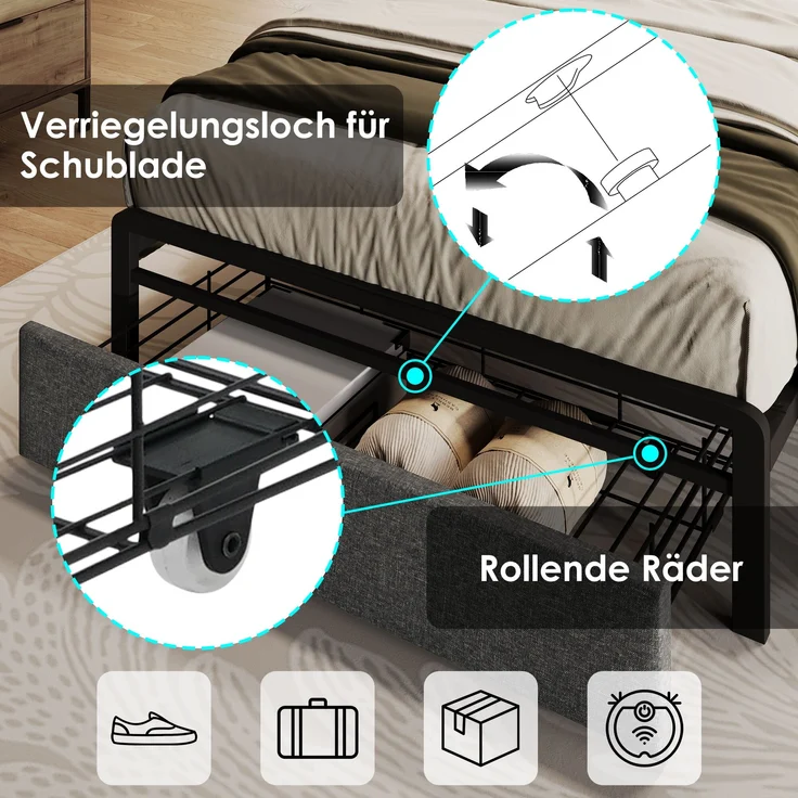Polsterbett Leinen mit Stauraum-Kopfteil, LED & USB-Anschluss, Schublade, 91x217x110 cm, Grau, ohne Matratze – Bild 6