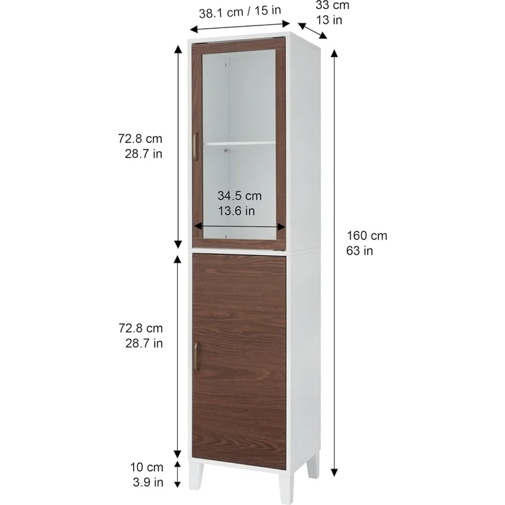 Teamson Home Tyler Holz Badezimmer Leinenturm Boden hoher Schrank Glas Tür 2 Ton weiß/braun EHF-F0009 – Bild 3