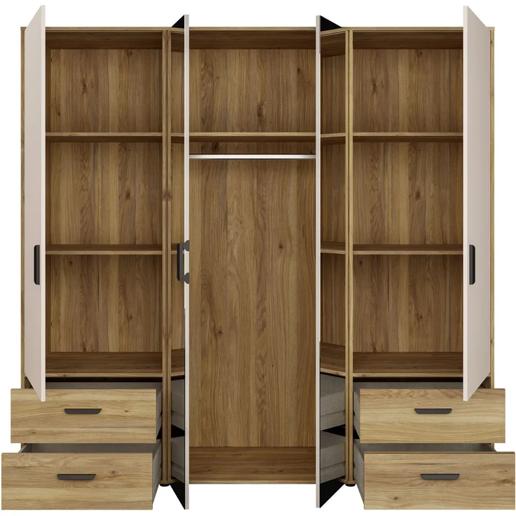 Forte MOKKARO Kleiderschrank 200, moderner Drehtürenschrank, 4-türig, 4 Schubladen, Spiegel, Mauvella Eiche Holzdekor|Kaschmir Beige, 205,9 cm breit x 200,1 cm hoch x 52,7 cm tief – Bild 4