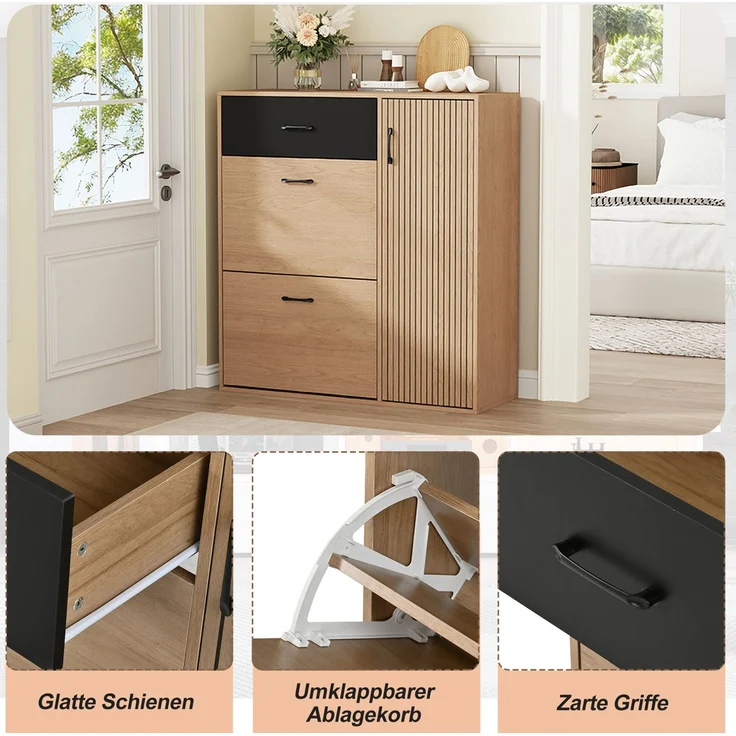 DESVIAE Garderobenschrank Schuhschrank Naturholz/Schwarz aus MDF/Spanplatte – 100x106x35 cm – 2 Schuhklappen – Bild 6