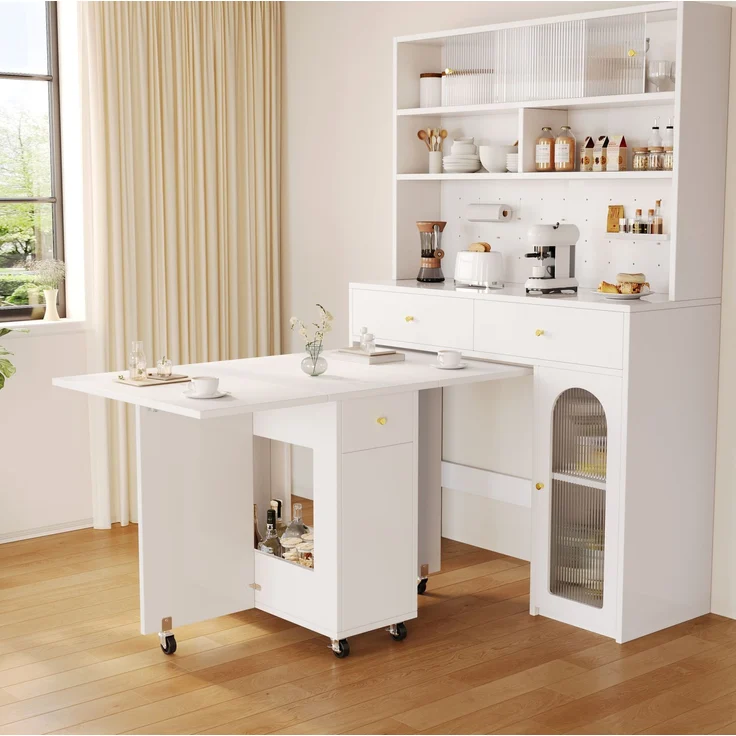 Esstisch 120x75x75 cm klappbar mit Stauraum, 2 Schubladen und Rollen – Bild 3