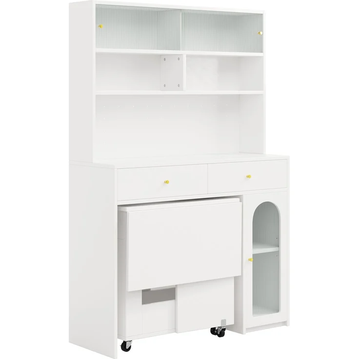 EINHOM Küchenschrank Set mit Klappbarem Esstisch und Bartisch, Mobiler Esstisch auf Rollen, Hochschrank mit Stauraum, Möbel Set für Küche, Esszimmer und Wohnzimmer, Weiß – Bild 6