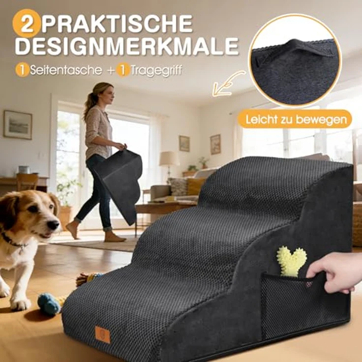 ZNM Hundetreppe – 3-stufige, wasserdichte Haustiertreppe für kleine Hunde, mit waschbarem Bezug und Reißverschluss, rutschfester Schwamm-Rampe, tragbar, auch als Katzentreppe nutzbar – Bild 8