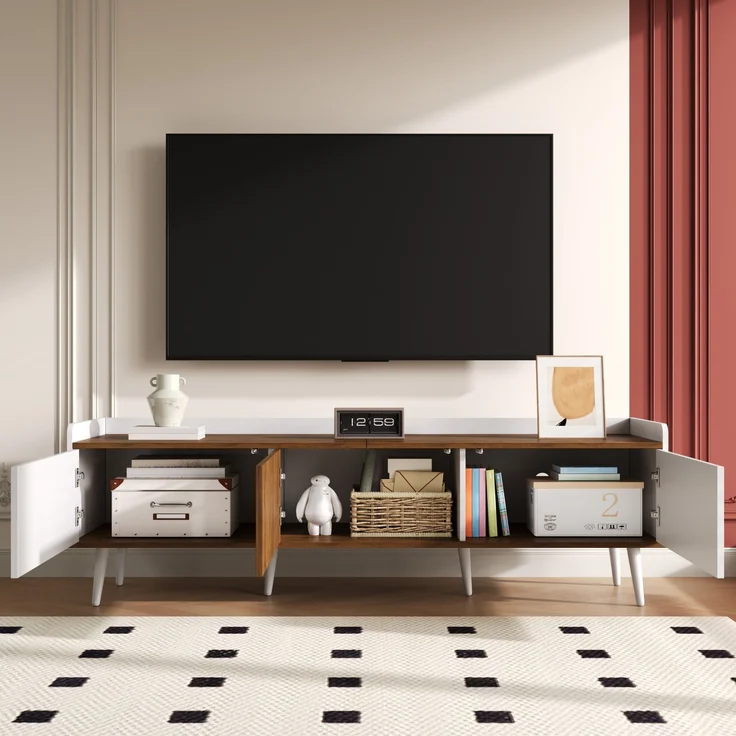 Stilvoller TV-Schrank mit 3 Türen – 160 cm, Weiß und Naturholz, stabil und geräumig, 160x39x49.5cm – Bild 1