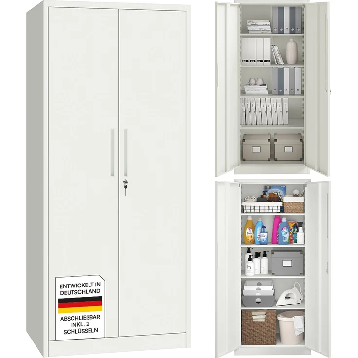 STEELSØN 'Regulus' Aktenschrank, Metall, weiß, 175x40x80 cm, abschließbar, Metallschrank mit 5 Fächern, geeignet als Werkzeugschrank – Bild 1