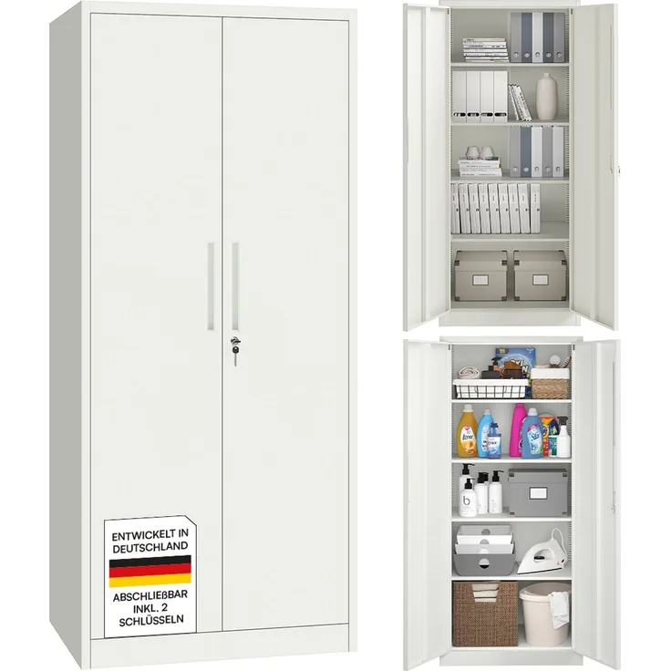 STEELSØN 'Regulus' Aktenschrank, Metall, weiß, 175x40x80 cm, abschließbar, Metallschrank mit 5 Fächern, geeignet als Werkzeugschrank