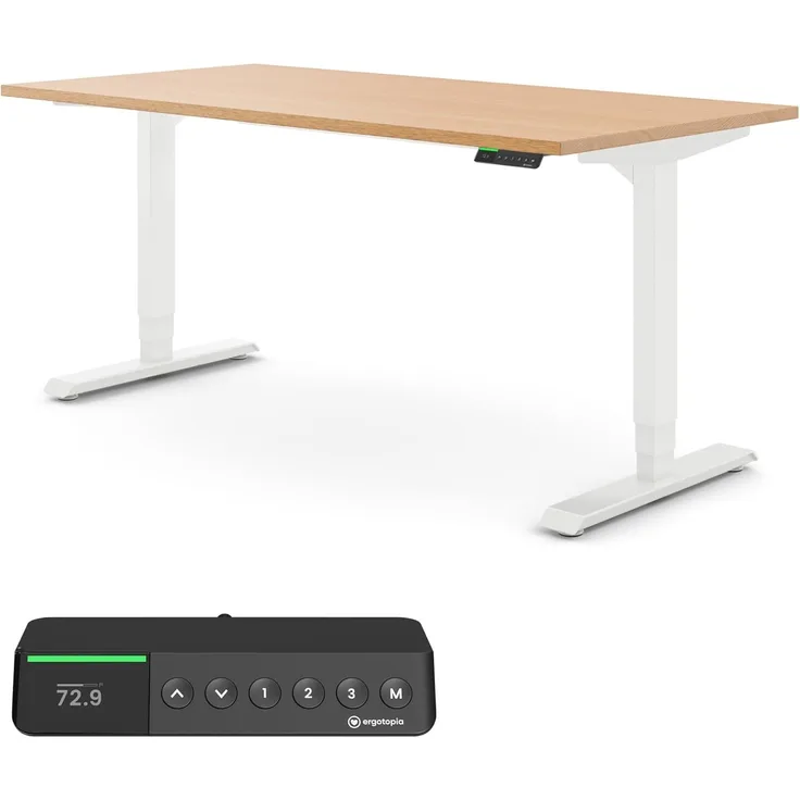 Ergotopia Desktopia Pro X I Elektrisch höhenverstellbarer Schreibtisch I 180x80 cm I Buche-Echtholz I Gestell Weiß I Ziele- und Motivationsfunktion