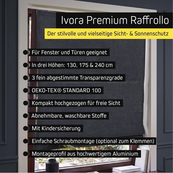 Victoria M. Raffrollo Klemmfix Ivora Premium Raffrollo 40x130cm Anthrazit Vollverdunkelnd, mit Klemmträger, ohne Bohren, freihängend, Ohne Bohren – Bild 4