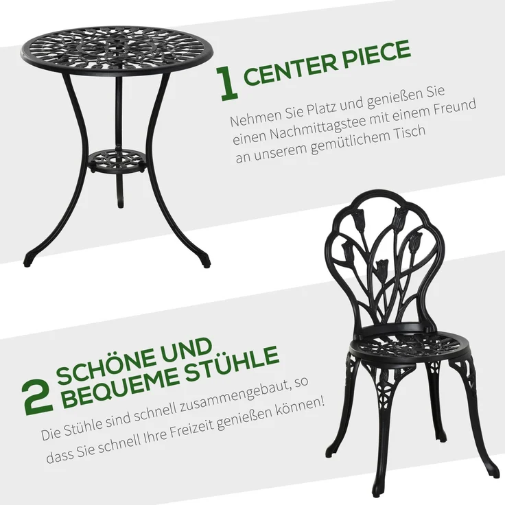 Garten-Bistroset aus Aluminium, 3-teilig mit Schirmloch, Tisch Ø60x67 cm, Schwarz – Bild 4