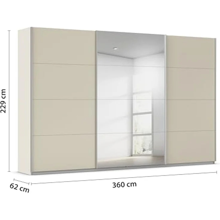 Rauch Möbel Kulmbach, Kleiderschrank mit Schwebetüren für Schlafzimmer, Kinderzimmer, Jugendzimmer, Garderobe, Flur, 3-türig, mit Spiegel, Zubehör Classic, Farbe Beige, Breite 360 cm – Bild 3