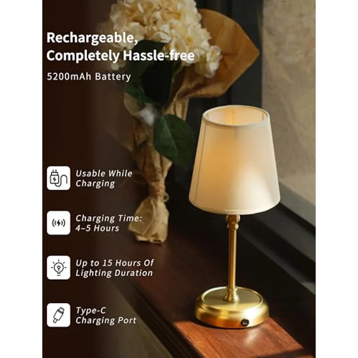 LuminexDesigns Bettlampen Wiederaufladbare Kabellose Tischlampen 5200 mAh für Wohnzimmer mit Inklusive Glühbirne Dimmbar Touch-Steuerung 3-in-1 Lampenschirm für Schlafzimmer Esszimmer Home-Dekor Gold – Bild 6