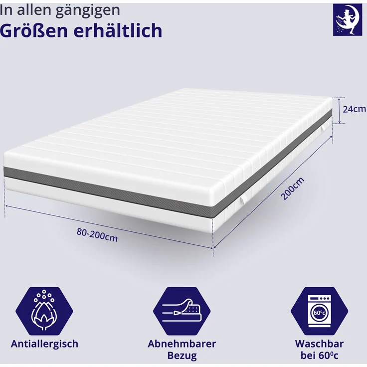 Taschenfederkern Matratze 160 x 200 cm – 24 cm hoch – Härtegrad H3 H4 7-Zonen Federkernmatratze mit abnehmbarem Bezug – Bild 4