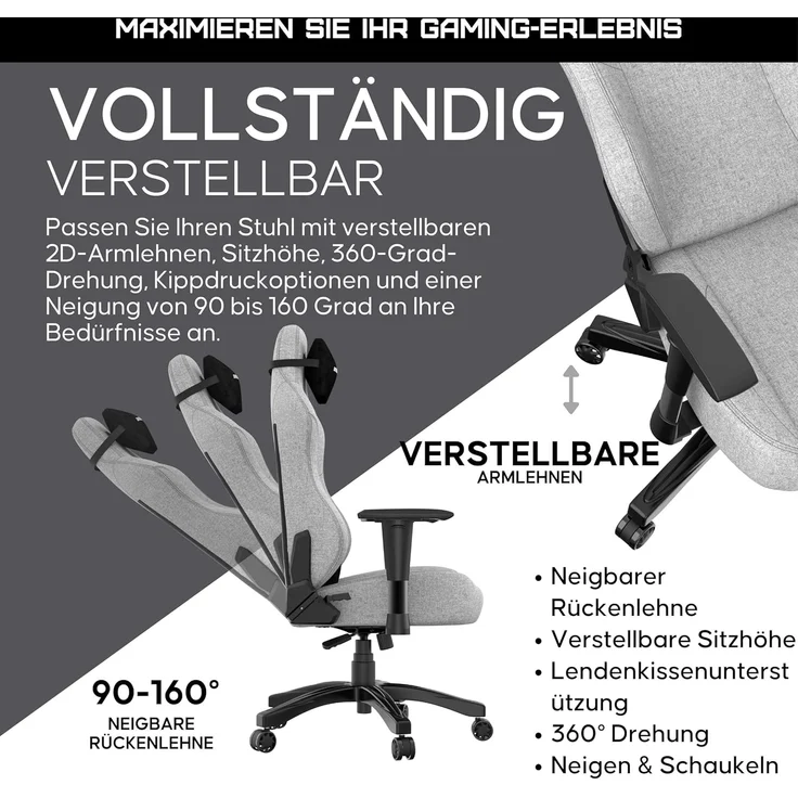 Anda Seat Phantom 3 Stoff Gaming Stuhl für Erwachsene – Ergonomisch PC Stuhl mit verstellbaren 2D Armlehnen, Kopfstütze & Lendenkissen, Bequemer Design, Belastbarkeit bis 90 kg, Grau – Bild 6
