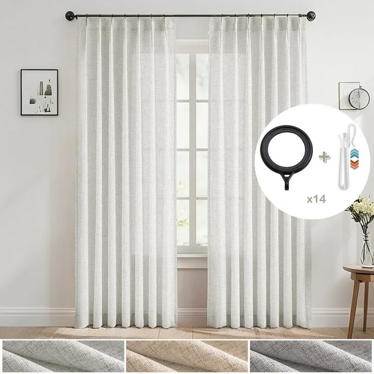 SERBASIC Gardine Leinenoptik Halbtransparente Vorhänge mit Quetschfalten, 2 Stück, Mit Häkchen und Ringen für Wohnzimmer, Schlafzimmer, Terrasse
