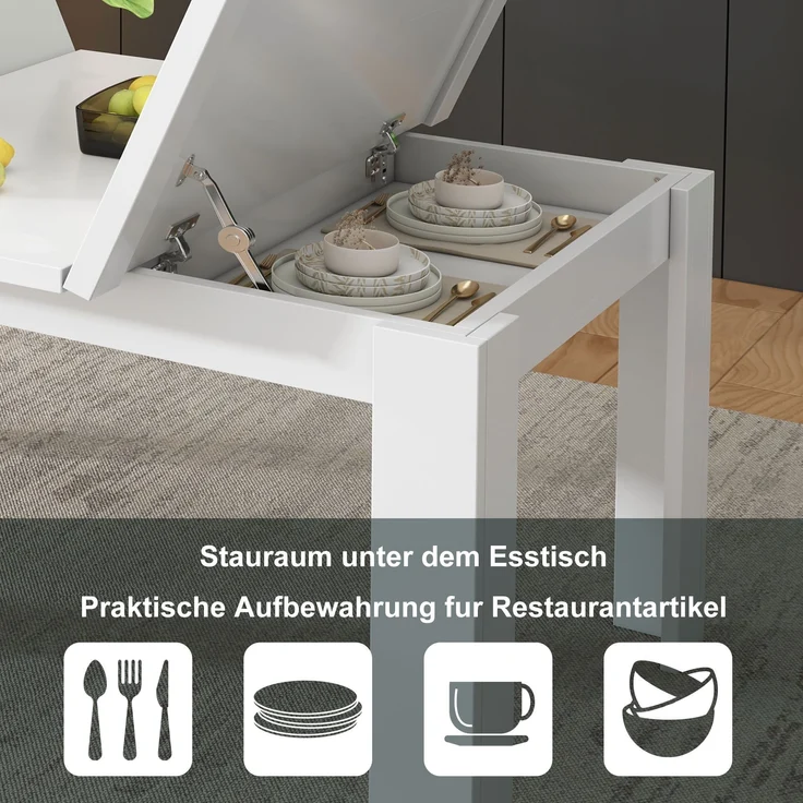 Esstisch mit verstecktem Stauraumfach und klappbarer Tischplatte, 120x70x75 cm, Weiß – Bild 5