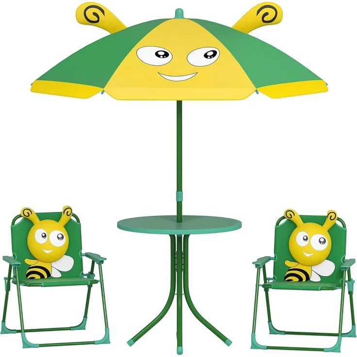 AIYAPLAY Garten-Kindersitzgruppe mit höhenverstellbarem Sonnenschirm, (Gartentisch, 2 Klappstühle, 4-tlg, Garten Kindersitzgarnitur), Bienen-Muster für 2-5 Jahre Kinder, Grün