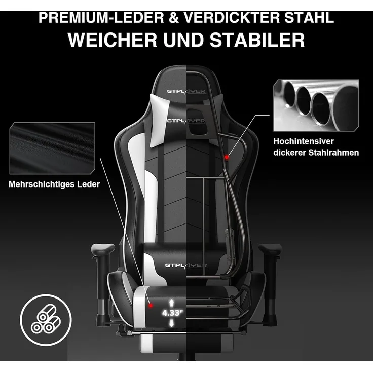 GTPLAYER Gaming Stuhl Gamer Stuhl mit Fußstütze Bluetooth Lautsprecher Ergonomischer Bürostuhl Computerstuhl Schreibtischstuhl PC Stuhl mit verstellbare Rückenlehne 150 kg Belastbarkeit weiß