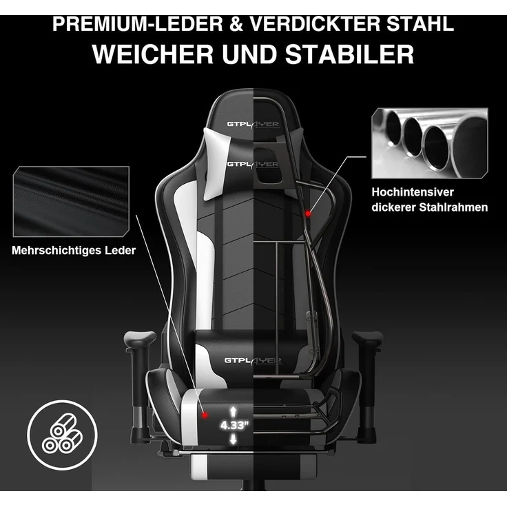 GTPLAYER Gaming Stuhl Gamer Stuhl mit Fußstütze Bluetooth Lautsprecher Ergonomischer Bürostuhl Computerstuhl Schreibtischstuhl PC Stuhl mit verstellbare Rückenlehne 150 kg Belastbarkeit weiß – Bild 1