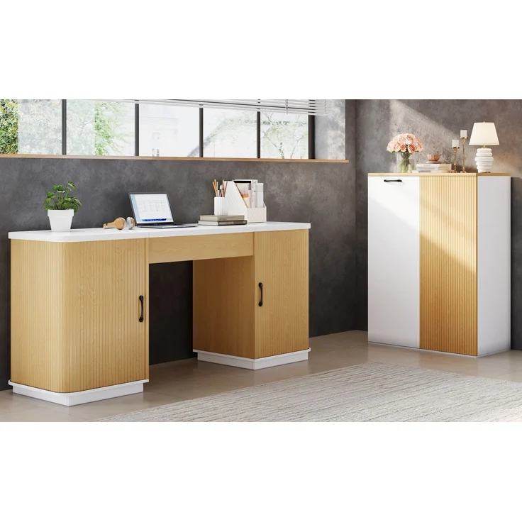 ZUBALIYA Modernes Büromöbel-Set & Schreibtisch-Set mit Aktenschrank – 140cm Computertisch mit Klappfach, Unterschränken & Rillendesign, Holzoptik & Weiß, Großer Arbeitsplatz für Home Office & Büro – Bild 23
