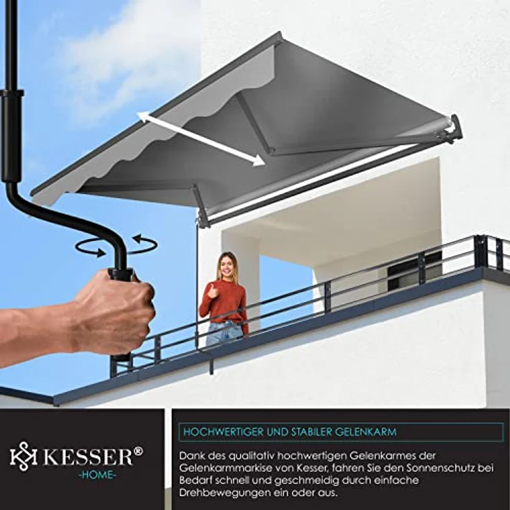 KESSER® Gelenkarmmarkise Markise Gelenkmarkise 300x250 cm Terrassenmarkise Klemmmarkise Sonnenmarkise inkl. Wandhalterung Sonnenschutz Balkonmarkise wasserabweisend Alu/Polyester, Grau – Bild 4