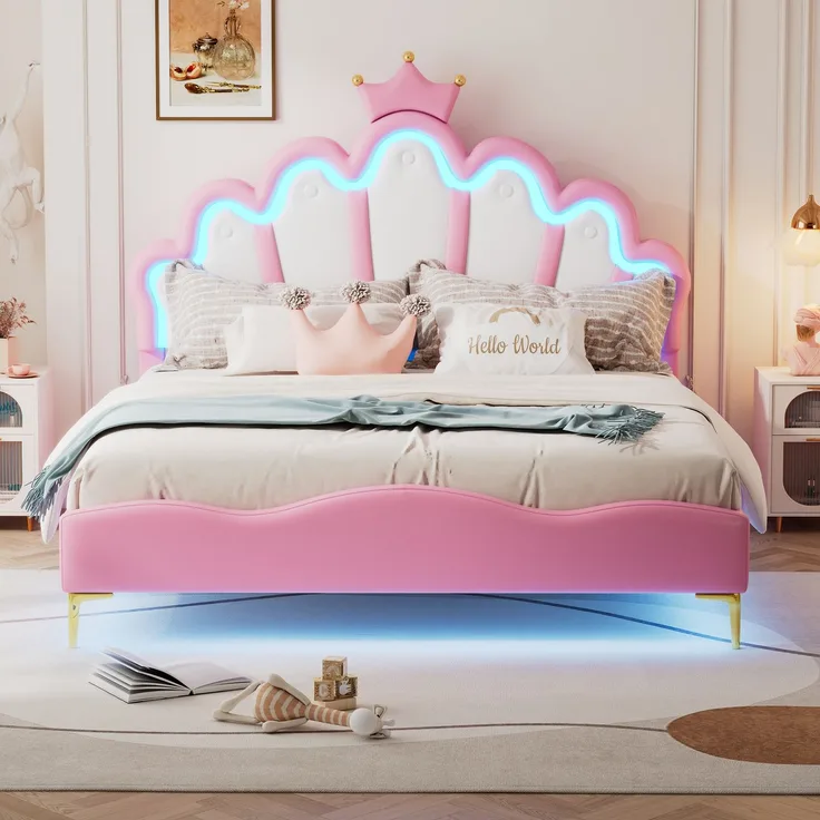 140*200cm Flaches Doppelbett, kronenförmiges Prinzessinnenbett, weiche Polsterung aus PU-Leder, verstellbarer LED-Umgebungslichtstreifen,Rosa