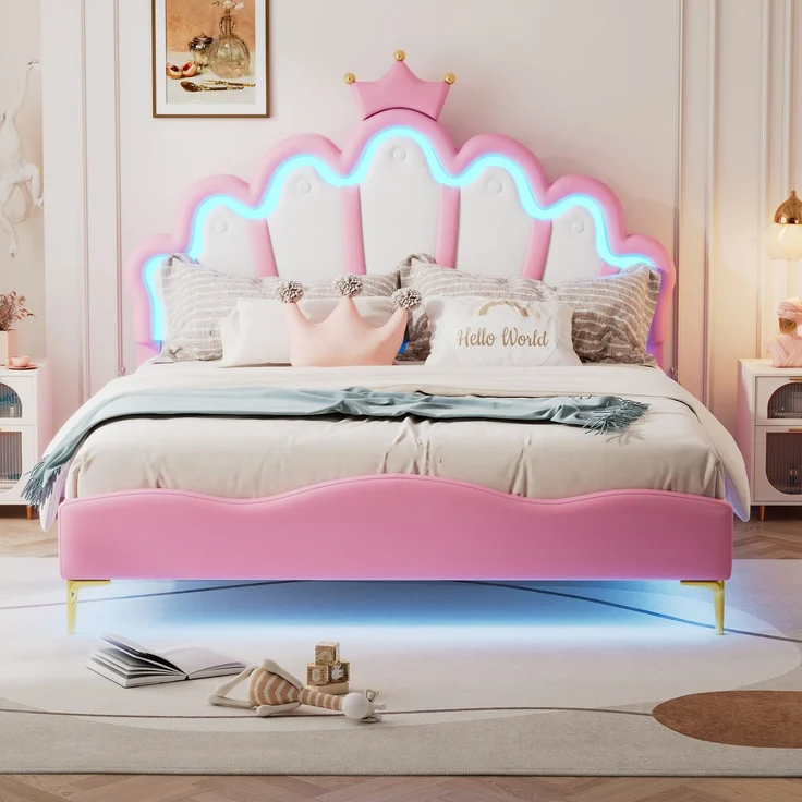 140*200cm Flaches Doppelbett, kronenförmiges Prinzessinnenbett, weiche Polsterung aus PU-Leder, verstellbarer LED-Umgebungslichtstreifen,Rosa – Bild 1
