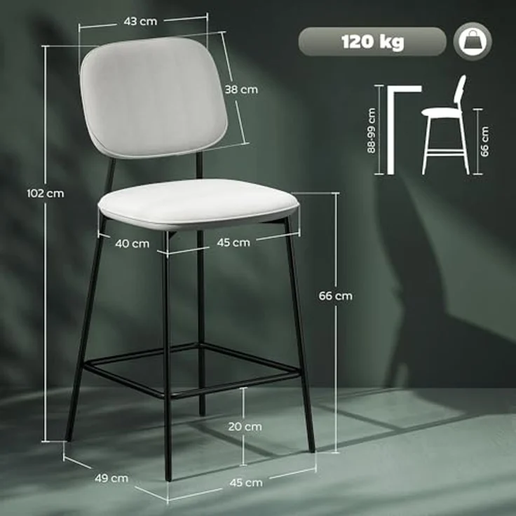 HOMCOM 2er-Set Barhocker, Bistrohocker mit Fußstütze, Barstuhl, Samt-Bezug, Küchenstuhl mit Rückenlehne, Tresenhocker-Set mit Stahlbeinen für Wohnzimmer, Esszimmer, Hellgrau, 45 x 49 x 102 cm – Bild 3