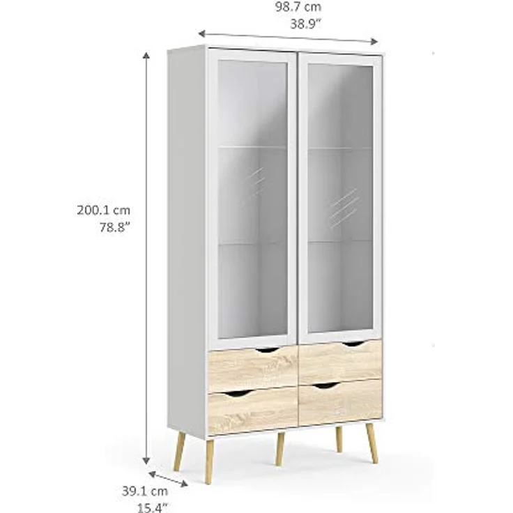 Vitrine mit zwei aufklappbaren Glastüren und vier Schubladen, Weiß und Eiche, Maße 98 x 200 x 39 cm – Bild 3