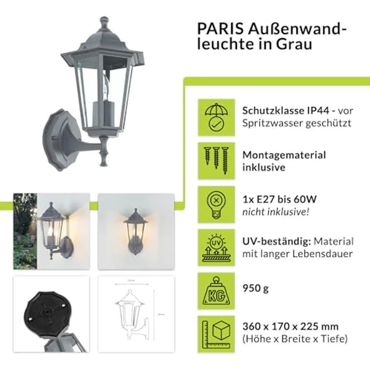 Licht-Erlebnisse PARIS, Nostalgische Außenlampe für die Wand, Dunkelgrau, IP44, E27 Fassung, Höhe 36 cm, rustikales Design mit klarem Glas Schirm – Bild 2