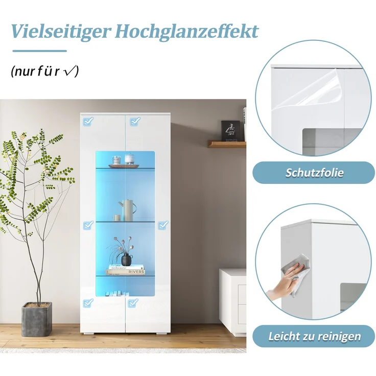 70*40*173cm Wohnzimmervitrine,Vitrine mit 2 Acryltüren,Hochglanzvitrine mit LED-Lichtleiste,Tragender Schrank aus gehärtetem Glas,Wohnzimmer breiter Schrank, Hochschrank,MDF, weiß – Bild 8