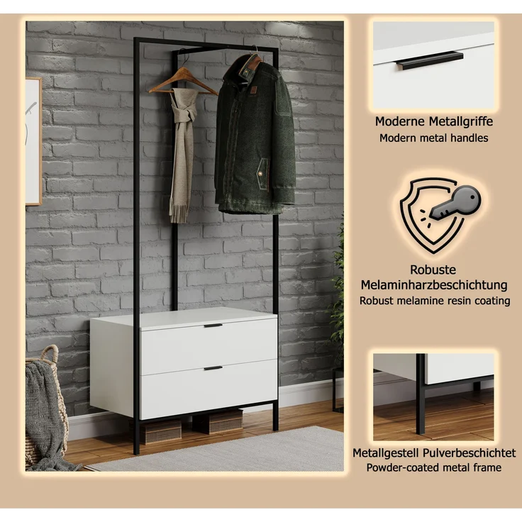 trendteam smart living - Jody - Garderobenständer mit 2 praktischen Schubladen - Weiß matt/Schwarz - Kompakter Kleiderständer - (BxHxT) 85 x 190 x 47 cm - Freistehende Garderobe mit Metallgestell – Bild 13