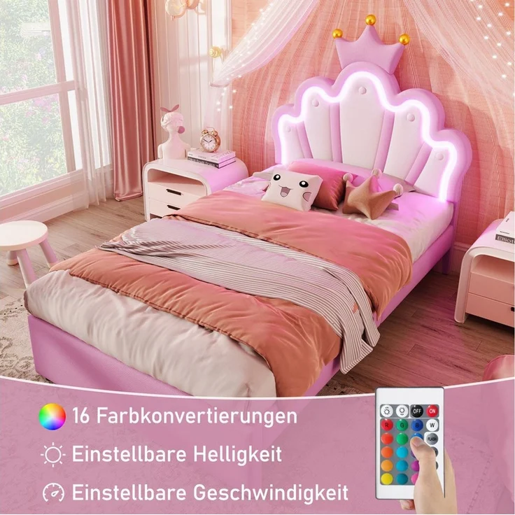 Flieks Polsterbett, LED Kinderbett mit krone-Form Prinzessinnenbett 90x200cm 2 Schubladen – Bild 3