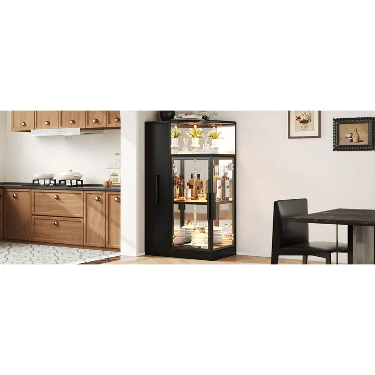 ZUBALIYA Ausziehbare Glasvitrine 64×42×112 cm mit LED-Beleuchtung, Vitrine mit doppelseitigem ESG-Glas, ausziehbarer Seitenschrank,Vitrine,Sammlervitrine, Weinschrank, Küchenschrank, Schwarz – Bild 16
