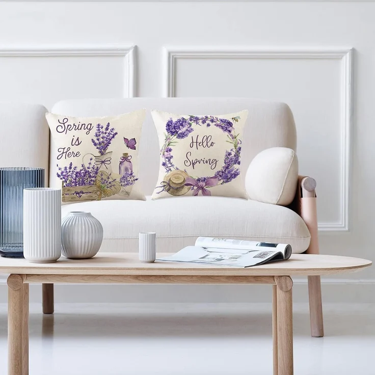 Kissenbezüge 45×45 cm 4er-Set Lila Blumen, Frühling Farmhouse Dekokissen, Sofa Wohnzimmer – Bild 8
