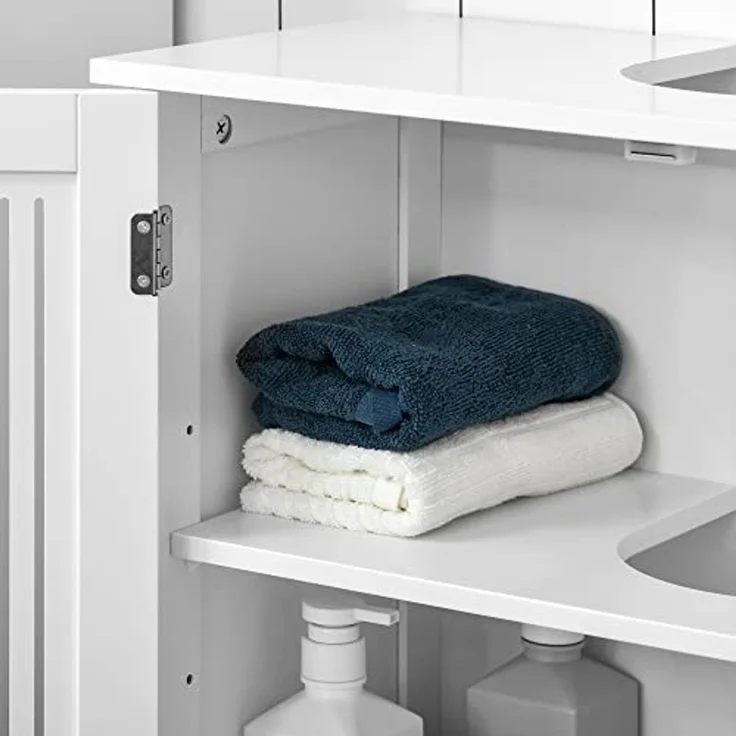 kleankin Waschtischunterschrank für Badezimmer – 2 geriffelte Türen mit verstellbarem Regal – Griffe aus Aluminiumlegierung – Maße: 60 x 30 x 60 cm (L x B x H) – MDF, weiß – Bild 7