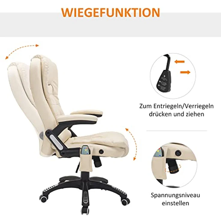 HOMCOM Schreibtischstuhl Bürostuhl mit Massagefunktion, mit Wärmefunktion, Chefsessel (Massagesessel, 1 St), für Wohnbereich, Cremeweiß – Bild 7