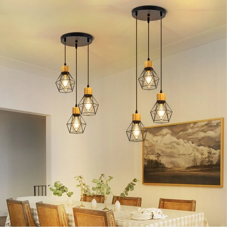 Nettlife Pendelleuchte Vintage Schwarz 3flammig Industrielle Eleganz aus Metall Holz E27, ohne Leuchtmittel, für Wohnzimmer Esszimmer Küche Schlafzimmer in Restaurants und Cafés – Bild 4