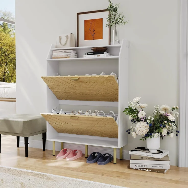 GarveeHome Schmaler Schuhschrank Mit 2 Klappen, Schlanker Freistehender Schuhschrank Für Den Eingangsbereich,Mit Kippschutz-Set, Verdecktes Schuhfach Mit Einlegeboden – Bild 7