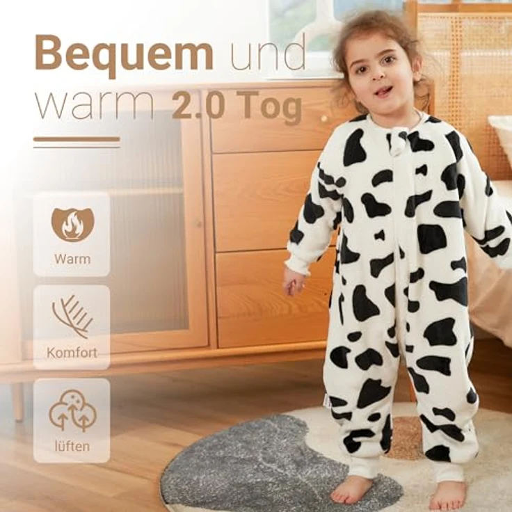 XQ&XG Baby Schlafsack mit Füßen 2.0 Tog,Kinderschlafsack mit langen Ärmeln,Schlafsack Kinder mit Beinen für mädchen und Junge,Kuh,130 – Bild 3