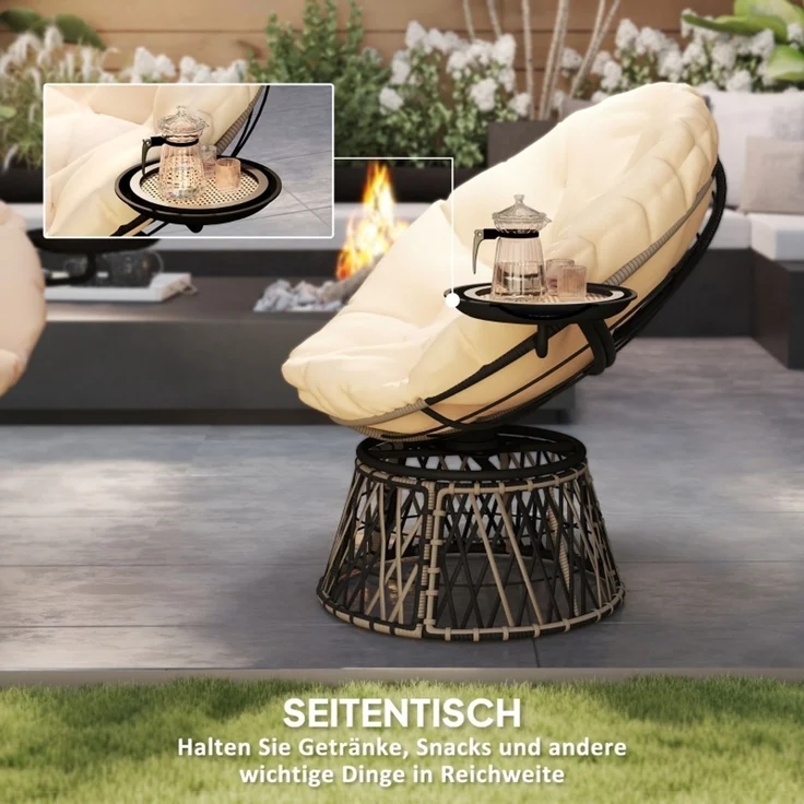 Papasan Sessel Rattansessel 360 Grad drehbar mit Seitentisch Rattan Stahlrahmen Lounge Sessel 120kg,Beige – Bild 3