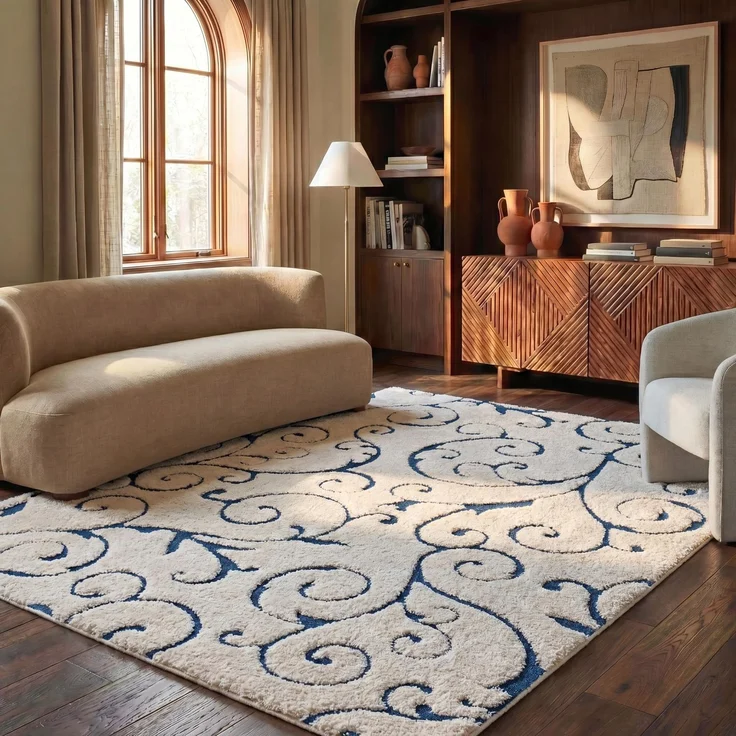 SAFAVIEH Zottelig Teppich für Wohnzimmer, Esszimmer, Schlafzimmer - Florida Shag Collection, Hoher Flor, Creme und Blau, 183 X 274 cm