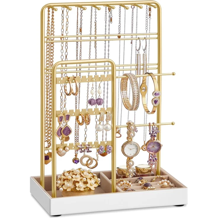 SONGMICS Schmuckständer, Schmuckhalter, Metallrahmen, Schmucktablett Samt, Schmuckaufbewahrung für Halsketten Armbänder Ohrringe Ohrstecker Ringe, Geschenkidee, Weihnachten, goldfarben JJSDE021A01V1 – Bild 1