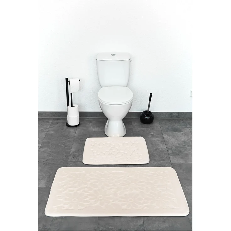 Almina Premium 2 teiliges Bademattenset aus Polyester Rutschfest Waschbar mit Blumenmotiv Creme – Bild 2