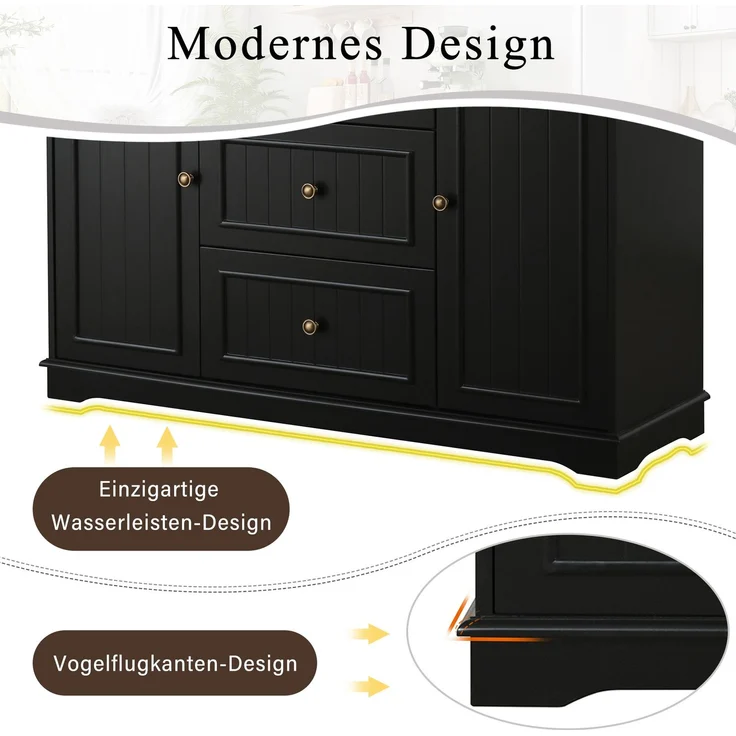 Sideboard 126x40x86 cm in Schwarz mit 3 Schubladen und verstellbaren Einlegeböden – Bild 8