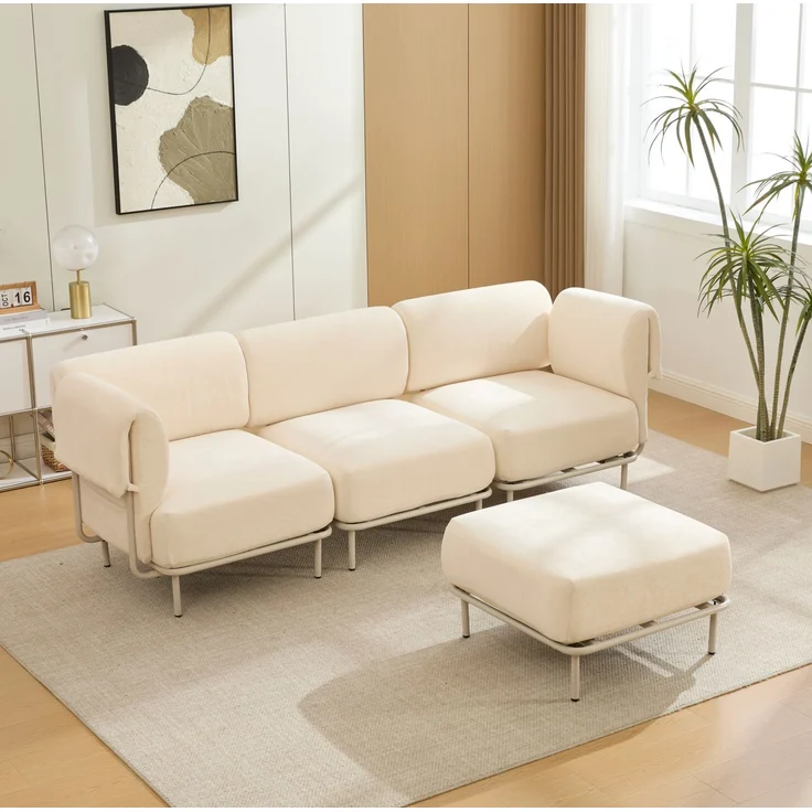 Modulares Ecksofa mit Hocker, Chenille, flexible L-Form, 251x155x78 cm, Beige – Bild 4
